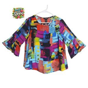 Ali Miles  Colorful Petite M Blouse Abstract Print Bell Sleeve Button Trim